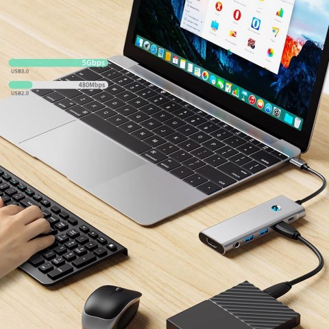 9w1 HUB Adapter USB-C USB-A HDMI SD TF PD 100W mini jack 3.5 4K 60Hz - szary Tech-Protect