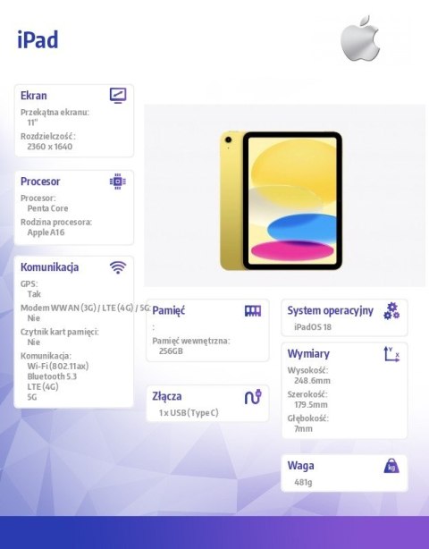 IPad WiFi + Cellular 11 cali 256 GB Żółty Apple