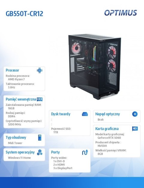 Komputer E-Sport GB550T-CR12 R7-5800X/16GB/1TB/RTX 5060 OC 8GB/W11 OPTIMUS