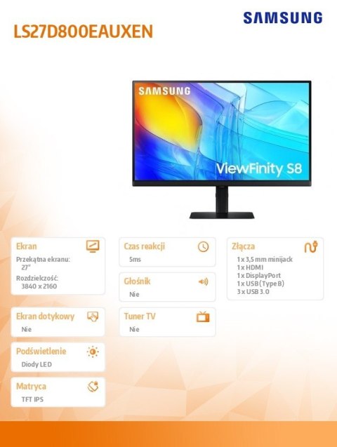 Monitor 27 cali ViewFinity S80D IPS 3840x2160 UHD 16:9 1xHDMI 1xDP 3xUSB 3.0 5ms PinP/PbyP 60Hz HAS+PIVOT płaski 3YOn-Site (LS27 Samsung