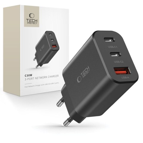Ładowarka sieciowa NC30W 2x USB-C USB-A 30W - czarna Tech-Protect