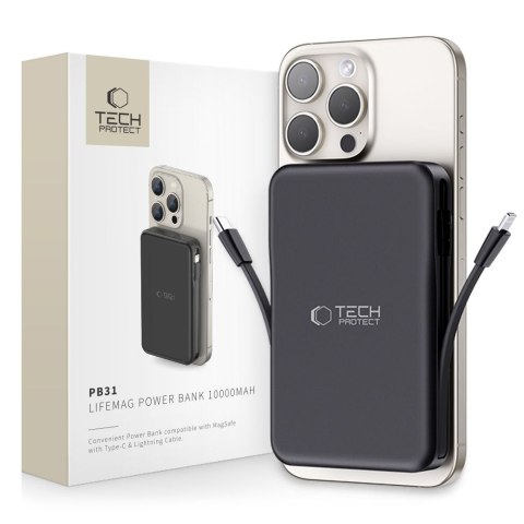 Powerbank magnetyczny PB31 10000mAh 15W MagSafe z kablami USB-C iPhone Lightning - czarny Tech-Protect