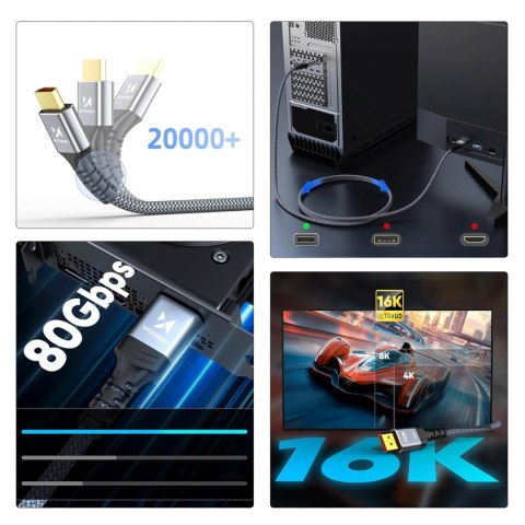 Kabel przewód DisplayPort z ceryfikatem VESA 80 Gb/s 16K HDR HDCP DSC 2m - czarny WOZINSKY