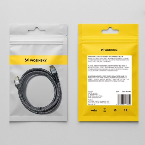 Kabel przewód DisplayPort z ceryfikatem VESA 80 Gb/s 16K HDR HDCP DSC 3m - czarny WOZINSKY