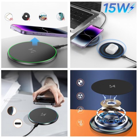 Ładowarka indukcyjna bezprzewodowa Qi z kablem USB-C 15W - czarny WOZINSKY