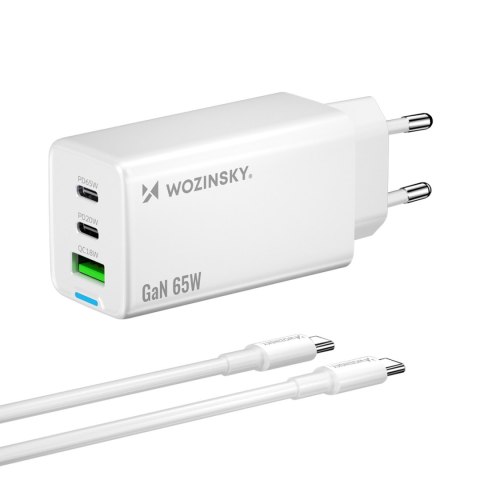 Ładowarka sieciowa GaN USB-A USB-C z kablem USB-C 65W - biała WOZINSKY