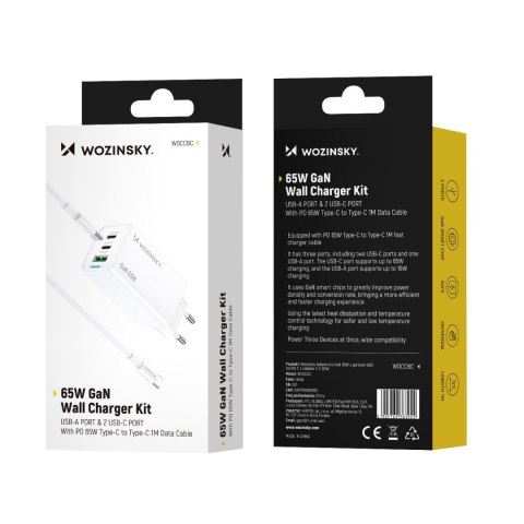 Ładowarka sieciowa GaN USB-A USB-C z kablem USB-C 65W - biała WOZINSKY