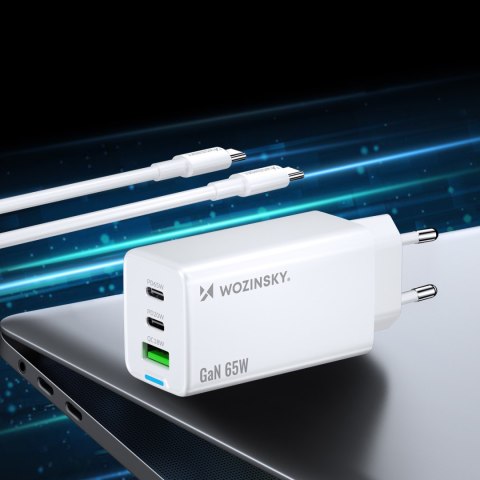 Ładowarka sieciowa GaN USB-A USB-C z kablem USB-C 65W - biała WOZINSKY