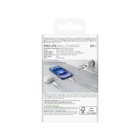 Ładowarka sieciowa USB-A USB-C 20W z kablem USB-C 1.2m - biała PURO