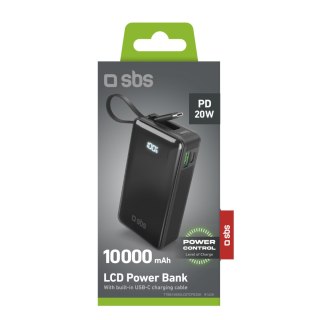 Powerbank 10000mAh USB-A USB-C z wyświetlaczem wbudowanym kablem USB-C 20W - czarny SBS