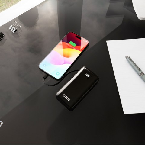 Powerbank 10000mAh USB-A USB-C z wyświetlaczem wbudowanym kablem USB-C 20W - czarny SBS