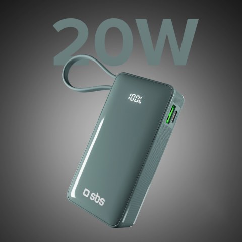 Powerbank 10000mAh USB-A USB-C z wyświetlaczem wbudowanym kablem USB-C 20W - szary SBS