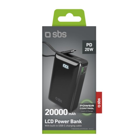 Powerbank 20000mAh USB-A USB-C z wyświetlaczem wbudowanym kablem USB-C 20W - czarny SBS