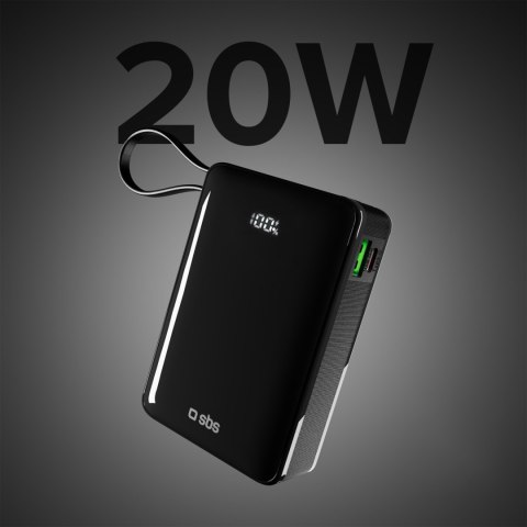 Powerbank 20000mAh USB-A USB-C z wyświetlaczem wbudowanym kablem USB-C 20W - czarny SBS