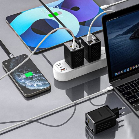 Ładowarka sieciowa USB-A USB-C GaN 67W z kablem zwijanym USB-C PD QC - czarna DUDAO