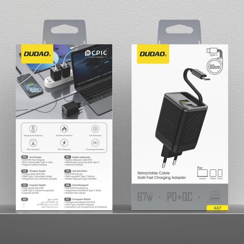 Ładowarka sieciowa USB-A USB-C GaN 67W z kablem zwijanym USB-C PD QC - czarna DUDAO