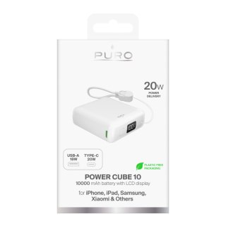Powerbank 10000mAh USB-A USB-C z wyświetlaczem wbudowanym kablem USB-C 20W - biały PURO