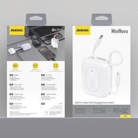 Powerbank K32 10000 mAh z wbudowanym kablem USB-C iPhone Lightning 22.5W - biały DUDAO