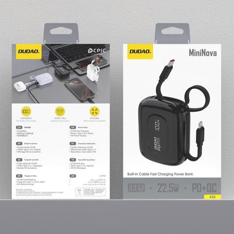 Powerbank K32 10000 mAh z wbudowanym kablem USB-C iPhone Lightning 22.5W - czarny DUDAO