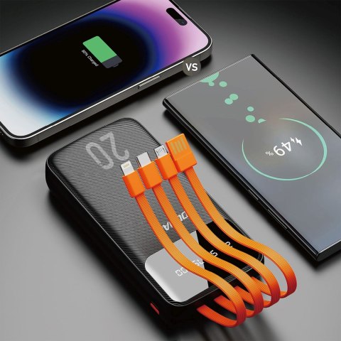 Powerbank K6Pro+ 20000mAh z wbudowanymi kablami USB-C microUSB iPhone Lightning - czarny DUDAO