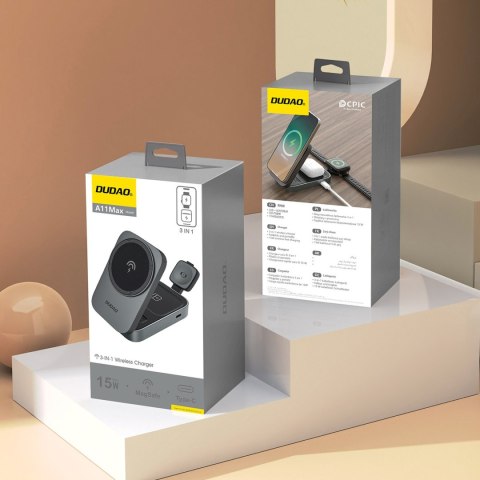 Stacja ładująca A11 3w1 indukcyjna MagSafe 15W - szara DUDAO