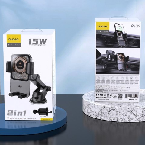 Uchwyt samochodowy zaciskowy z ładowarką indukcyjną 15W - czarny DUDAO