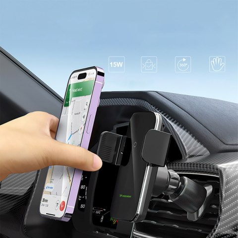 Uchwyt samochodowy zaciskowy z ładowarką indukcyjną do telefonu na kratkę 15W - czarny WOZINSKY