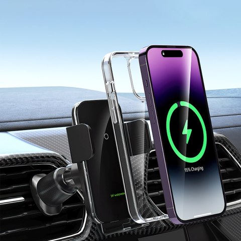 Uchwyt samochodowy zaciskowy z ładowarką indukcyjną do telefonu na kratkę 15W - czarny WOZINSKY