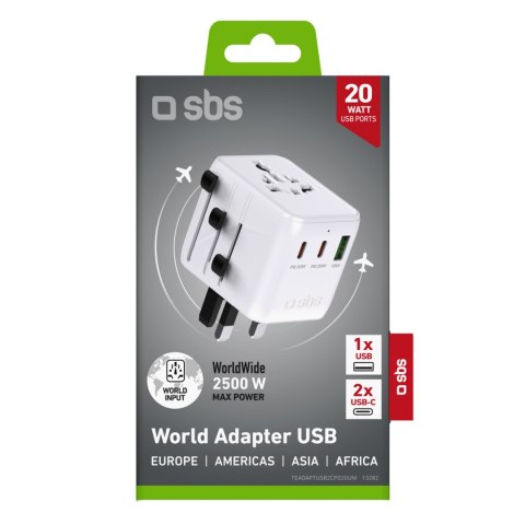 Adapter podróżny sieciowy USB-C USB-A EU UK US AUS JP - biały SBS