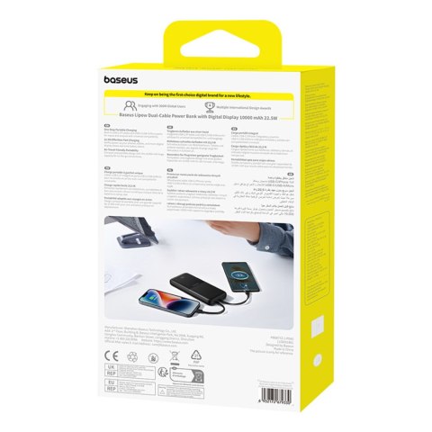 Powerbank 10000mAh 22.5W z wyświetlaczem kablami USB-C iPhone Lightning Lipow - czarny BASEUS