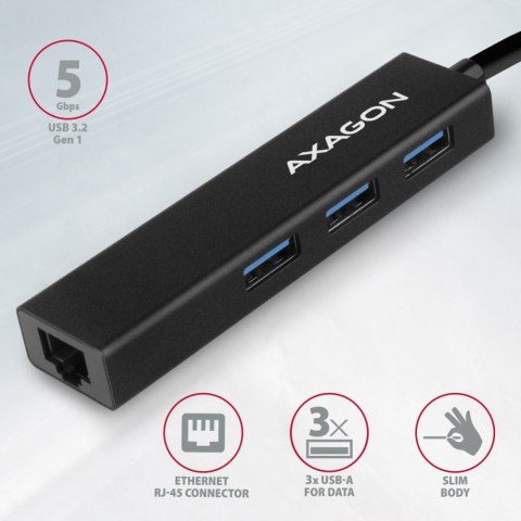 HMA-GL3A Wieloportowy hub USB 4in1, 5Gbps, 3x USB-A + GLAN, metalowy, 20cm USB-A kabel AXAGON