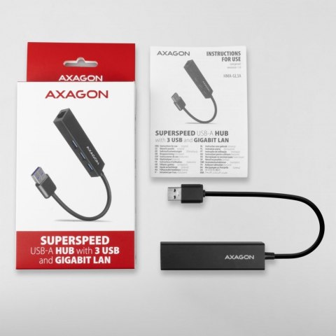 HMA-GL3A Wieloportowy hub USB 4in1, 5Gbps, 3x USB-A + GLAN, metalowy, 20cm USB-A kabel AXAGON