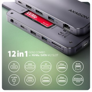 HMC-12GM2 Wieloportowy hub USB 12in1 + M.2 NVMe/SATA pozycja, 10Gbps, 3x USB-A, USB-C, HDMI 4K/60Hz, DP 4K/60Hz, GLAN, SD/microS AXAGON