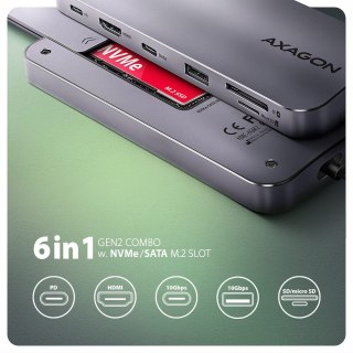 HMC-6GM2 Wieloportovy hub USB 6in1, 10Gbps, USB-A, USB-C, HDMI 4K/60Hz, M.2 NVMe/SATA, SD/microSD, PD 100W, 20cm USB-C kabel AXAGON