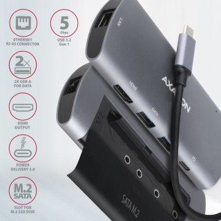 HMC-6M2 Wieloportowy hub USB-C 3.2 Gen 1, slot M.2 SATA + HDMI + GLAN + 2x USB-A + PD 100W AXAGON