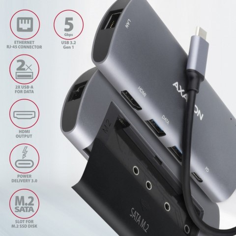 HMC-6M2 Wieloportowy hub USB-C 3.2 Gen 1, slot M.2 SATA + HDMI + GLAN + 2x USB-A + PD 100W AXAGON