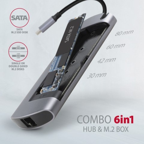 HMC-6M2 Wieloportowy hub USB-C 3.2 Gen 1, slot M.2 SATA + HDMI + GLAN + 2x USB-A + PD 100W AXAGON