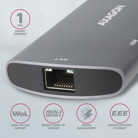 HMC-6M2 Wieloportowy hub USB-C 3.2 Gen 1, slot M.2 SATA + HDMI + GLAN + 2x USB-A + PD 100W AXAGON