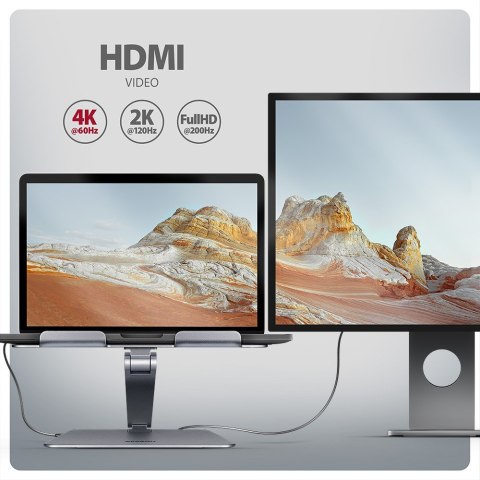 HMC-STND Stojak z wieloportowy hub Aluminiowy 7in1, 5Gbps, do 10"-16" cali laptopów, nastawny, 3x USB-A, HDMI 4K/60Hz, GLAN, PD  AXAGON