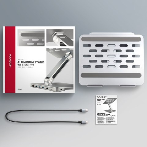 HMC-STND Stojak z wieloportowy hub Aluminiowy 7in1, 5Gbps, do 10"-16" cali laptopów, nastawny, 3x USB-A, HDMI 4K/60Hz, GLAN, PD  AXAGON