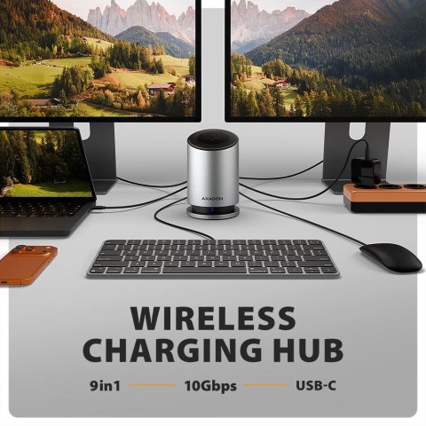 HMC-WL9 Wieloportowy hub USB 9in1, 10Gbps, 3xUSB-A, 1xUSB-C, DP 8K/60Hz, HDMI 4K/60Hz, PD 100W, GLAN, 100cm USB-C kabel, wireles AXAGON