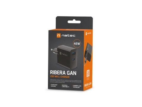 Ładowarka sieciowa Ribera GAN 1X USB-A + 1X USB-C 45W Czarna Natec