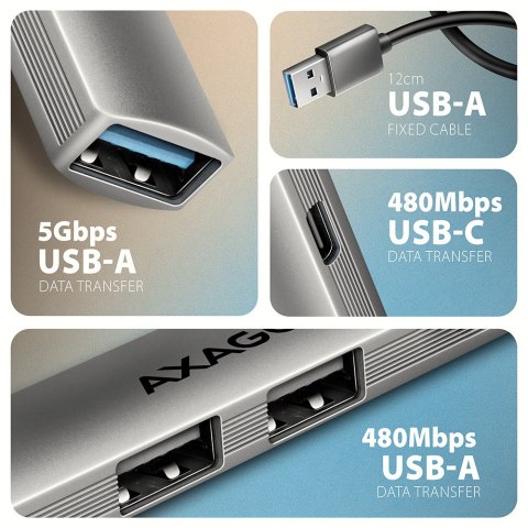 HUE-STA HUB 4-portowy 1x USB-A 5Gbps, 2x USB2.0 + 1x USB-C 2.0, 12cm kabel USB-A AXAGON
