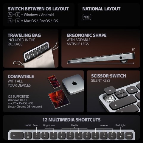 Klawiatura HMC-KB-NRD USB-C 5Gbps z wieloportowy hub 9in1, SD/microSD, 3x USB-A, HDMI 4K/60Hz, PD 100W, Audio, Nordic layout, 60 AXAGON