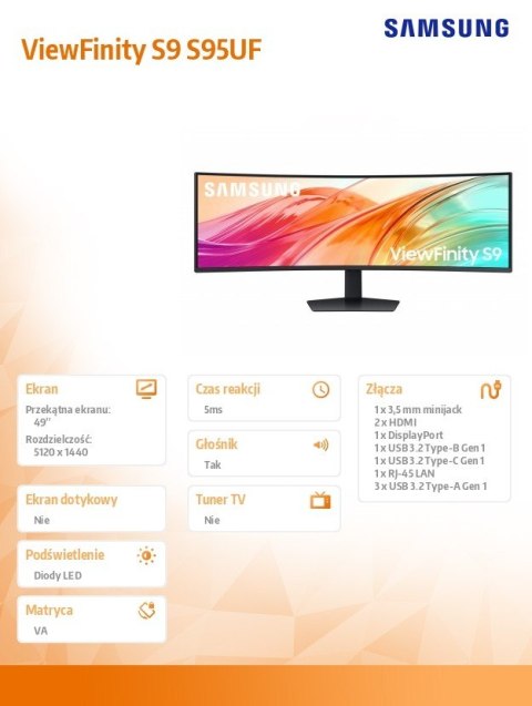 Monitor 49 cali ViewFinity S95UF VA 5120x1440 DQHD 32:9 2xHDMI 1xDP 1xUSB-C 1xUSB-B 3xUSB-A 5ms 120Hz zakrzywiony głośniki 3YOn- Samsung