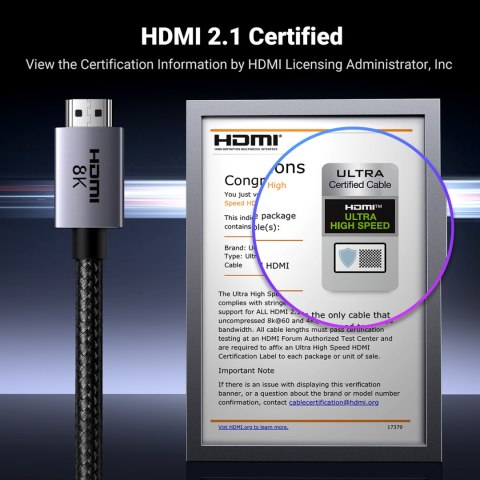 Kabel przewód HDMI 2.1 8K certyfikowany Ultra High Speed 1m szary UGREEN