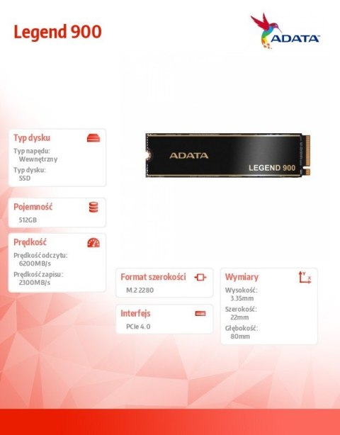 Dysk SSD Legend 900 512GB PCIe 4x4 6.2/2.3 GB/s M2 Adata