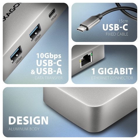HMC-CUB83X2 Wieloportovy hub USB 7in1, 10Gbps, 2x USB-A, 1x USB-C, 1x HDMI 4K/144Hz, DP 8K/30Hz, GLAN, PD 100W, 15cm USB-C kabel AXAGON