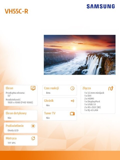 Monitor profesjonalny VH55C-R 55 cali Video Wall Matowy 24h/7 700(cd/m2) 1920x1080 (FHD) Ramka: 0.44mm(even) 3 lata On-Site (LH5 Samsung