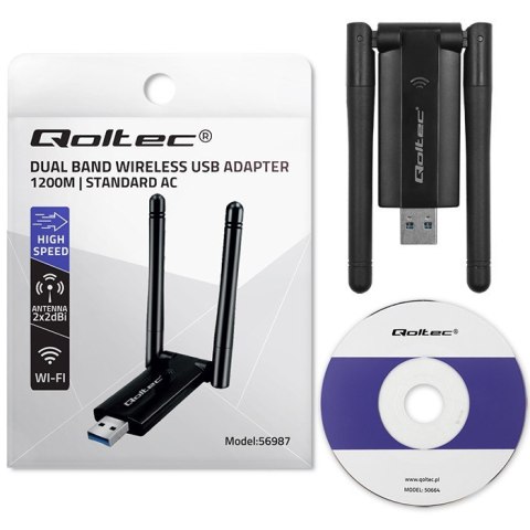 Szybki bezprzewodowy adapter USB DUAL Wi-Fi 2 x 2dBi | Standard AC | USB 3.0 | 1200Mbps Qoltec